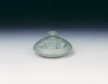 Celadon oil jar with inlaid design of moths and daisies, Koryo dynasty, Korea, late 12th century. Creator: Unknown