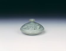 Celadon oil jar with inlaid design of moths and daisies, Koryo dynasty, Korea, late 12th century. Creator: Unknown