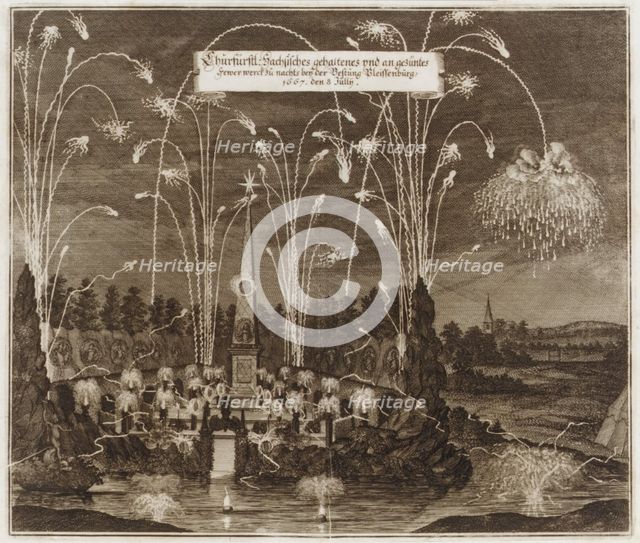 Celebration for the Elector Johann Georg II, Leipzig, July 8, 1667: Fireworks Display ..., ca. 1667. Creator: Unknown.