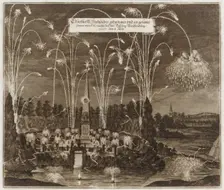 Celebration for the Elector Johann Georg II, Leipzig, July 8, 1667: Fireworks Display ..., ca. 1667. Creator: Unknown