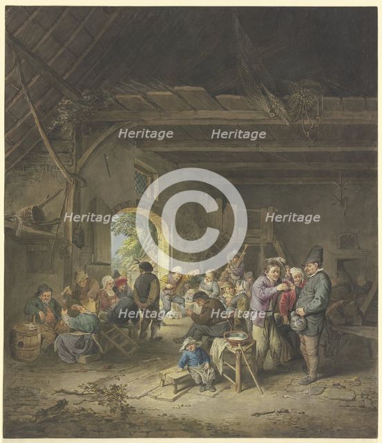 Celebrating farmers in a barn, 1778. Creator: Jacobus Buys.