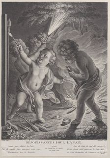 Celebrating Peace (Réjouissances pour la paix), three putti with fireworks, 1745-71., 1745-71. Creator: Nicolas-Gabriel Dupuis