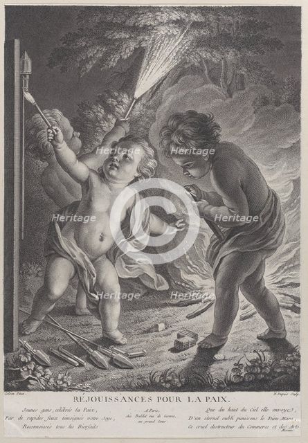 Celebrating Peace (Réjouissances pour la paix), three putti with fireworks, 1745-71., 1745-71. Creator: Nicolas-Gabriel Dupuis.