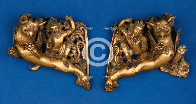 Celestial Rider on Griffin, From a Throne Back (pair), c.1400. Creator: Unknown.
