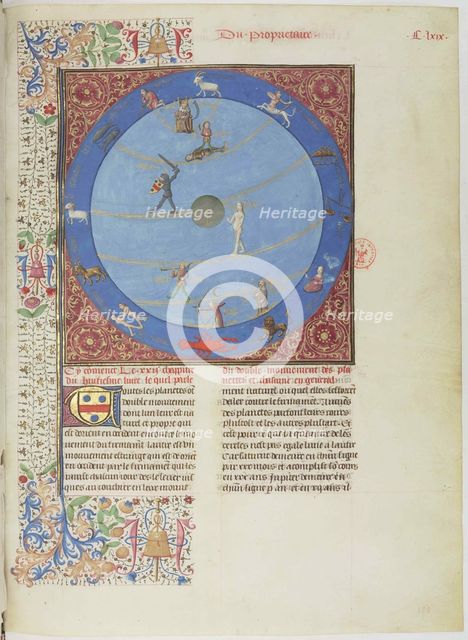Celestial spheres, planets and zodiacs. Miniature from the Livre des proprietés des choses, c. 1480. Creator: Anonymous.