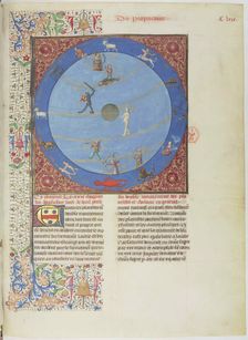 Celestial spheres, planets and zodiacs. Miniature from the Livre des proprietés des choses, c. 1480. Creator: Anonymous