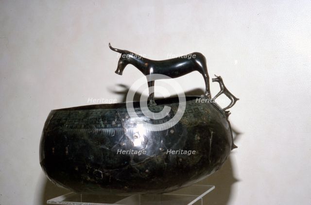 Celtic Bronze Bowl with Cow and Calf from Halstatt, Austria. Celtic Iron Age., c.6th-8th century BC Artist: Unknown.