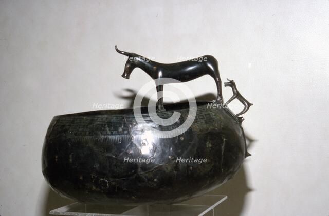Celtic Bronze Bowl with Cow and Calf from Halstatt, Austria. Celtic Iron Age., c.6th-8th century BC Artist: Unknown.