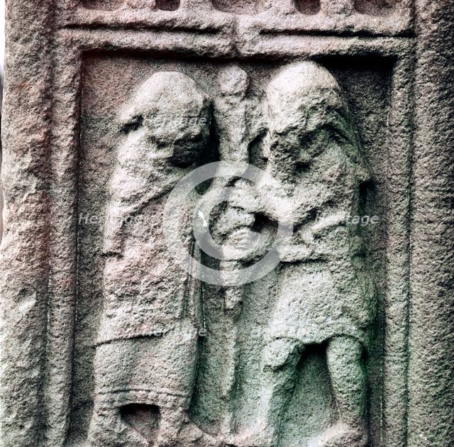 Celtic chief helps Christian priest to set up a staff, Clonmacnoise, Ireland. Artist: Unknown