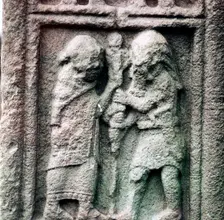 Celtic chief helps Christian priest to set up a staff, Clonmacnoise, Ireland