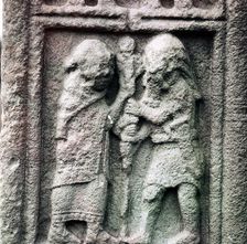Celtic chief helps Christian priest to set up a staff, Clonmacnoise, Ireland