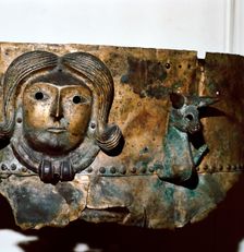 Celtic human head on Bronze cauldron, Rynkeby Bog, Denmark, 4th century BC