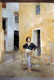 Cenachero (Fisherman with esparto baskets selling fish), oil by Leoncio Talavera