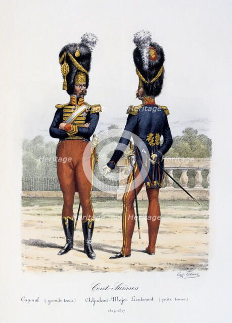 'Cent-Suisses, Caporal (grande tenue), Adjudant-Major Lieutenant (petite tenue)', 1814-17 Artist: Eugene Titeux