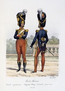 Cent-Suisses, Caporal (grande tenue), Adjudant-Major Lieutenant (petite tenue) 1814-17 Artist: Eugene Titeux