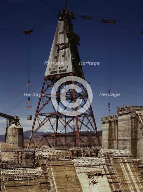 Central tower from which cable buckets carry materials used in...of Shasta dam, CA, 1942. Creator: Russell Lee.