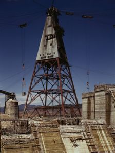 Central tower from which cable buckets carry materials used in...of Shasta dam, CA, 1942. Creator: Russell Lee