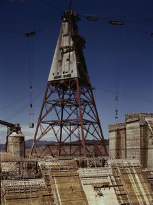 Central tower from which cable buckets carry materials used in...of Shasta dam, CA, 1942. Creator: Russell Lee