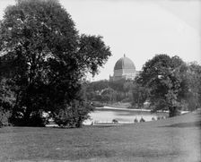 Central Park, New York, boat pond and Temple Beth-El, ca 1900. Creator: Unknown