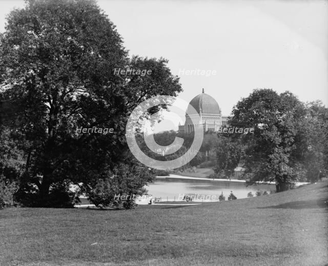 Central Park, New York, boat pond and Temple Beth-El, ca 1900. Creator: Unknown.