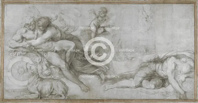 Cephalus carried off by Aurora in her Chariot (Cartoon for a fresco in the Gallery of the Palazzo Farnese, Rome), c. 1599. Artist: Carracci, Agostino (1557-1602)