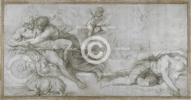 Cephalus carried off by Aurora in her Chariot (Cartoon for a fresco in the Gallery of the Palazzo Farnese, Rome), c. 1599. Artist: Carracci, Agostino (1557-1602)