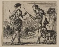 Cephalus and Procris, from Game of Mythology (Jeu de la Mythologie), 1644. Creator: Stefano della Bella