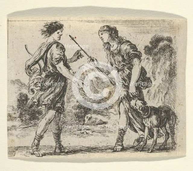 Cephalus and Procris, from 'Game of Mythology' (Jeu de la Mythologie), 1644. Creator: Stefano della Bella.