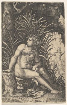 Cephalus and Procris: Procris turns her head over her right shoulder while seated nude in ..., 1539. Creator: Georg Pencz
