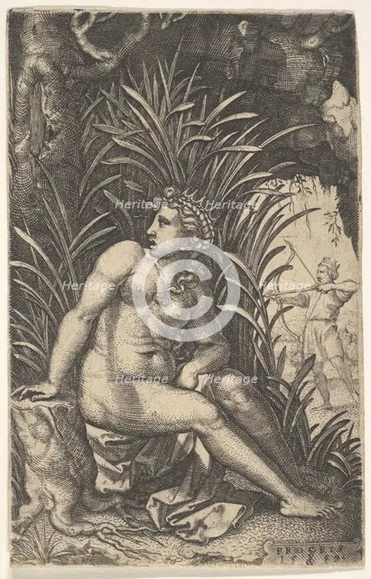 Cephalus and Procris: Procris turns her head over her right shoulder while seated nude in ..., 1539. Creator: Georg Pencz.
