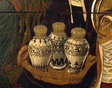 Ceramics of the period detail of the Transfiguration altarpiece, 1445-1452. Tempera on wood, …