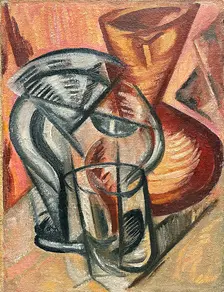 Ceramic vase and glass vessels, Early 1910s. Creator: Rozanova, Olga Vladimirovna (1886-1918)