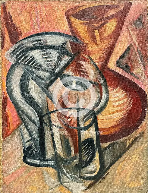 Ceramic vase and glass vessels, Early 1910s. Creator: Rozanova, Olga Vladimirovna (1886-1918).
