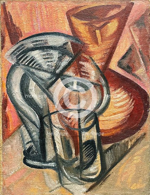 Ceramic vase and glass vessels, Early 1910s. Creator: Rozanova, Olga Vladimirovna (1886-1918).