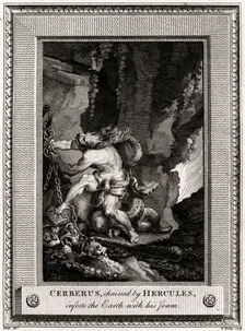 Cerberus, chained by Hercules, infects the Earth with his foam 1774. Artist: W Walker