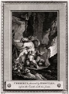 Cerberus, chained by Hercules, infects the Earth with his foam 1774. Artist: W Walker