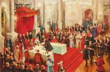 Ceremonial coronation banquet in the Budapest Hofburg with the newly crowned royal...1916, 1917. Creator: Schwormstädt, Felix (1870-1938)