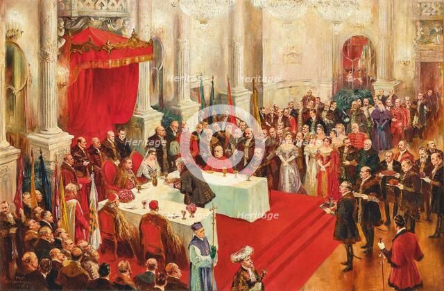 Ceremonial coronation banquet in the Budapest Hofburg with the newly crowned royal...1916, 1917. Creator: Schwormstädt, Felix (1870-1938).