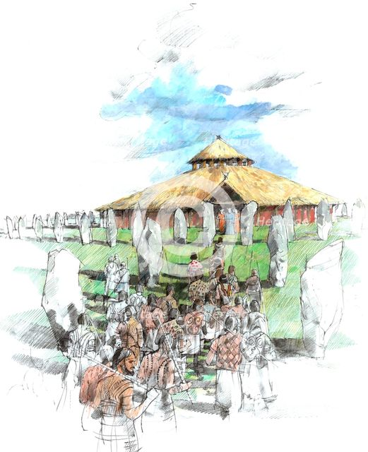 Ceremonial procession Avebury Stone Circle shrine, Wiltshire, 3rd Millennium BC, (c1990-2010).  Artist: Ivan Lapper.
