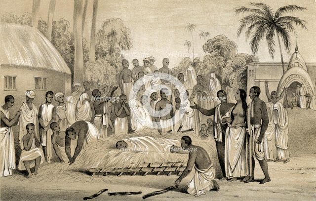 'Ceremony of burning a Hindu widow with the body of her late husband', 1847. Artist: Unknown