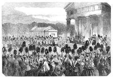 Ceremony of Placing the Guards Crimean Colours in the Chapel of the Wellington Barracks, 1857. Creator: Unknown