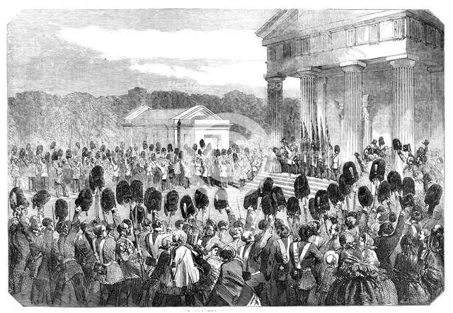 Ceremony of Placing the Guards' Crimean Colours in the Chapel of the Wellington Barracks, 1857. Creator: Unknown.