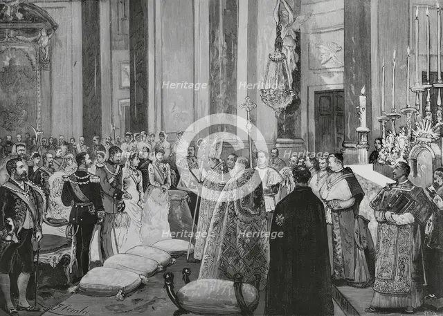 Ceremony of the nuptial blessing in the Royal Chapel of Infanta María de la Paz of Spain, 1883. Creator: Eugenio Vela.