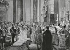 Ceremony of the nuptial blessing in the Royal Chapel of Infanta María de la Paz of Spain, 1883. Creator: Eugenio Vela