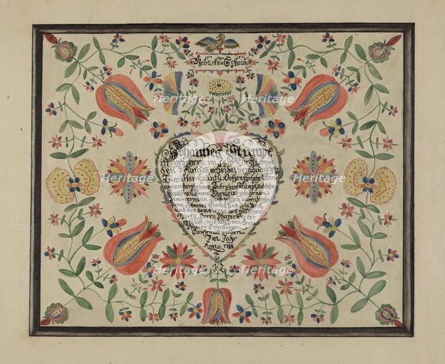 Certificate, Birth and Baptismal; (Fractur), c. 1936. Creator: Ruth Thomson.