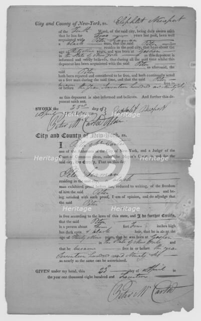 Certificate by City and County of New York for Peter Seaman, 1814-04-23. Creator: Unknown.