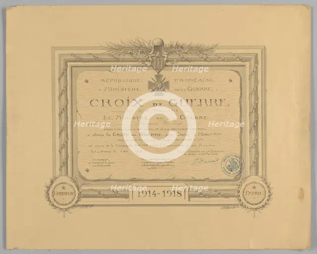 Certificate for French Croix de Guerre medal issued to Cpl. Lawrence L. McVey, March 2, 1928. Creator: Unknown.