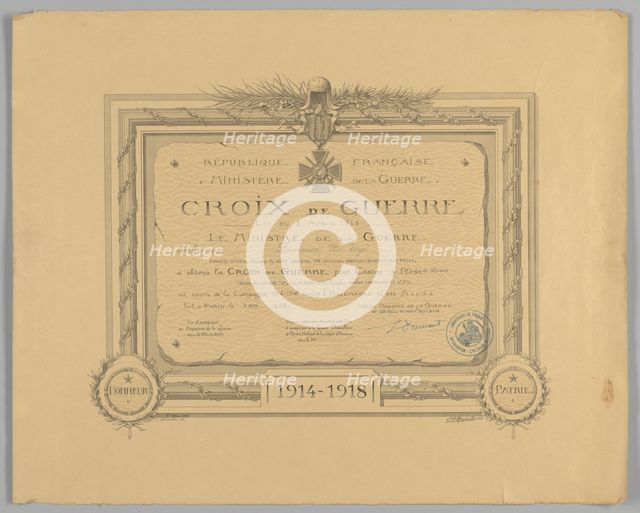 Certificate for French Croix de Guerre medal issued to Cpl. Lawrence L. McVey, March 2, 1928. Creator: Unknown.