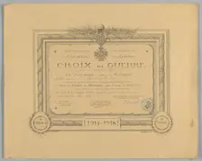 Certificate for French Croix de Guerre medal issued to Cpl. Lawrence L. McVey, March 2, 1928. Creator: Unknown