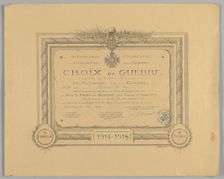 Certificate for French Croix de Guerre medal issued to Cpl. Lawrence L. McVey, March 2, 1928. Creator: Unknown